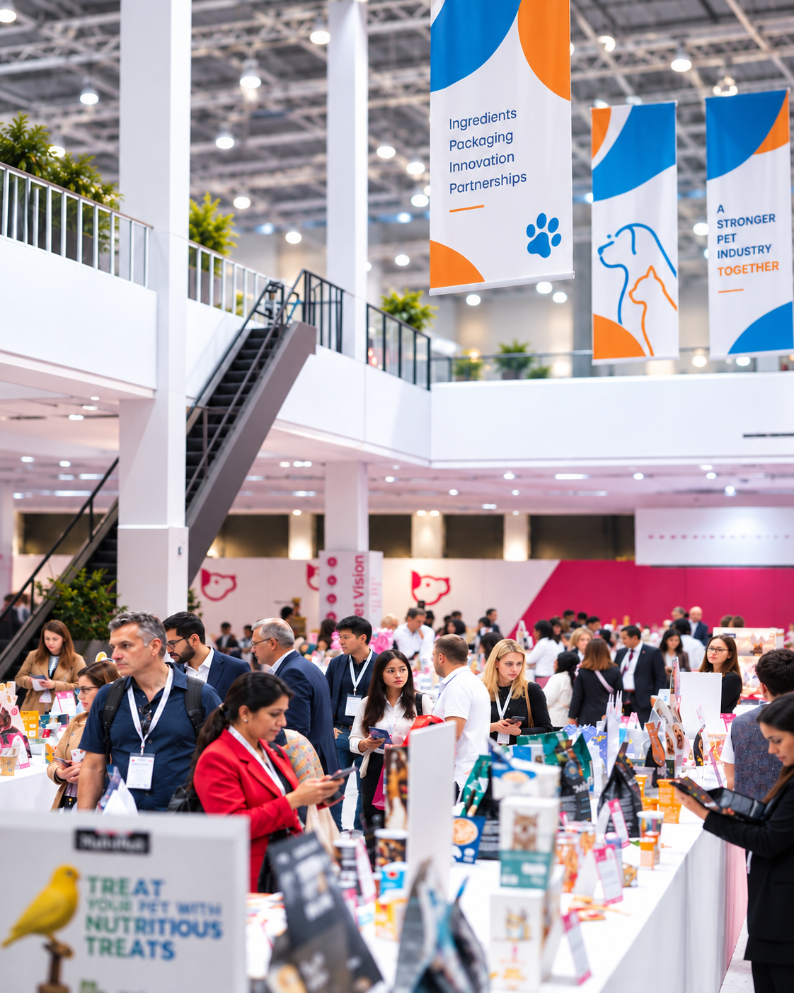 Business professionals at a trade exhibition booth at PetBridge
